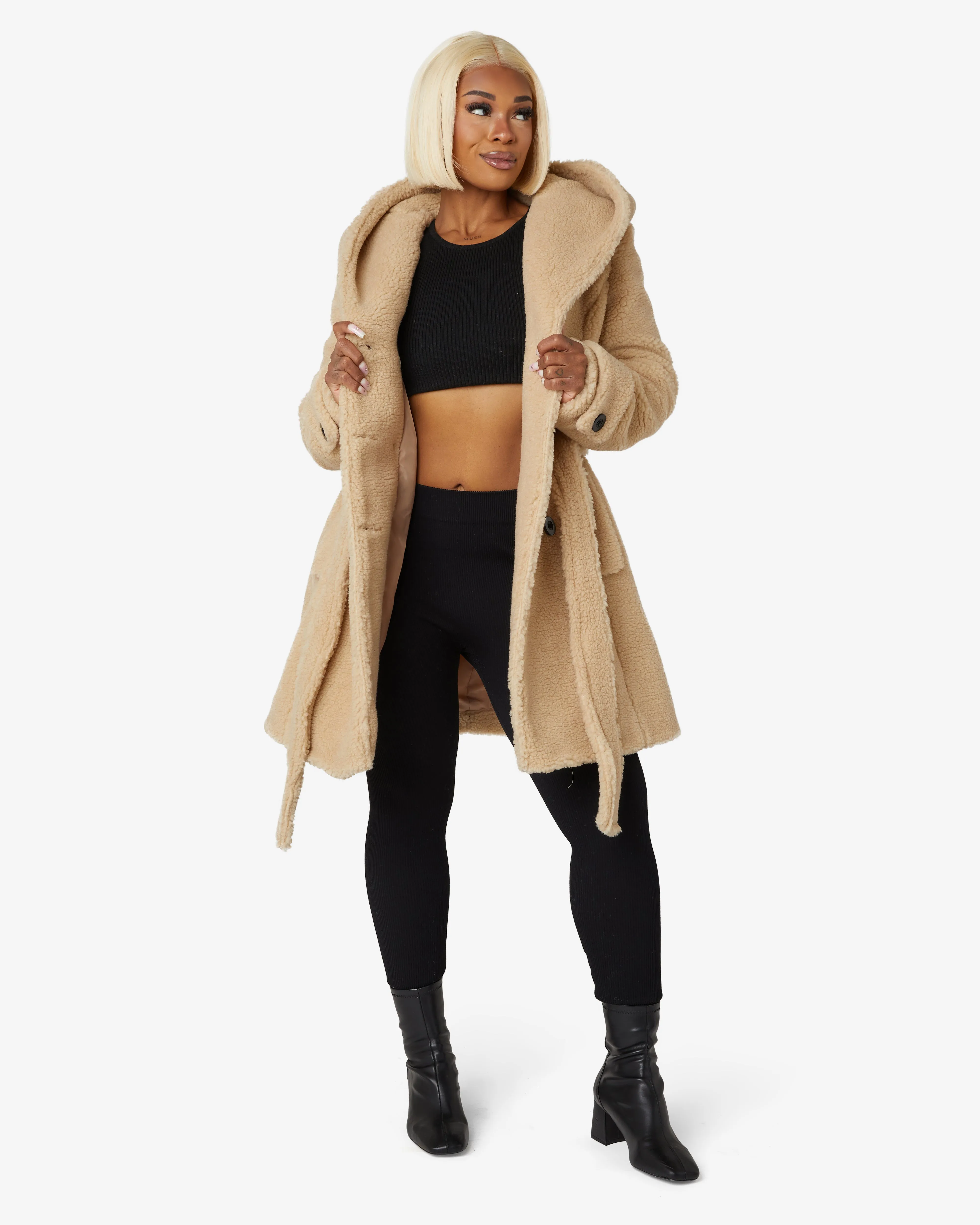 De La Creme Fashions Slim Fit Double Breasted Hooded Borg Teddy Coat sold by Goddiva product image thumbnail 5