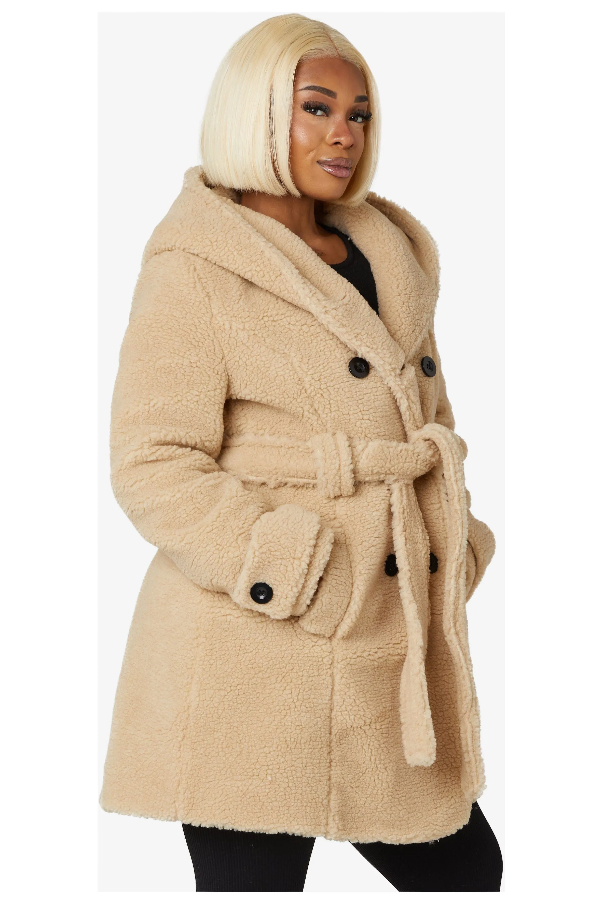 De La Creme Fashions Slim Fit Double Breasted Hooded Borg Teddy Coat sold by Goddiva product image thumbnail 2