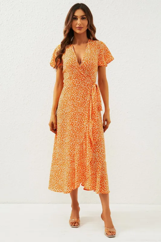 FS Collection Floral Print Wrap Midi Dress In Orange Yellow sold by Goddiva