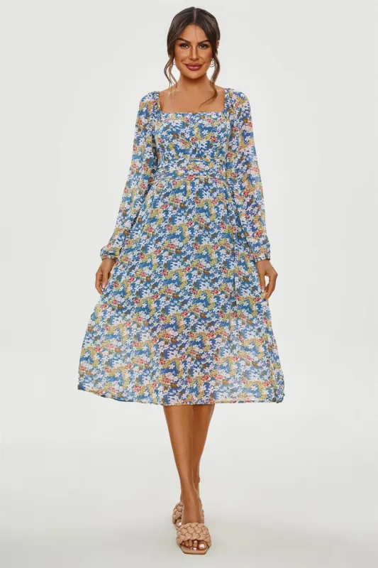 FS Collection Floral Print Long Sleeve Maxi Dress In Blue sold by Goddiva
