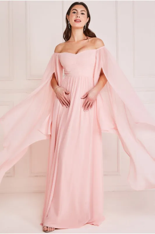 Chiffon Off The Shoulder Maxi With Cape Sleeves  - Blush by Goddiva sold by Goddiva