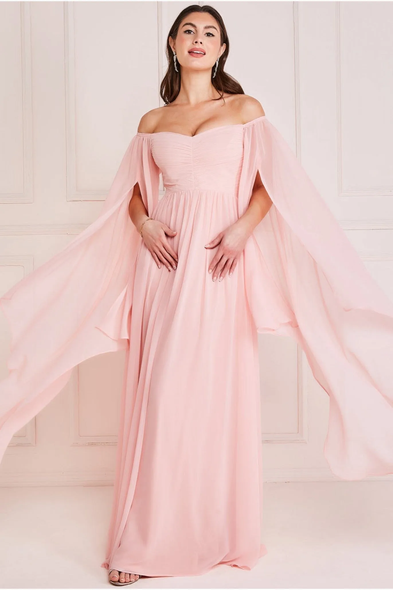 Chiffon Off The Shoulder Maxi With Cape Sleeves - Blush by Goddiva sold by Goddiva