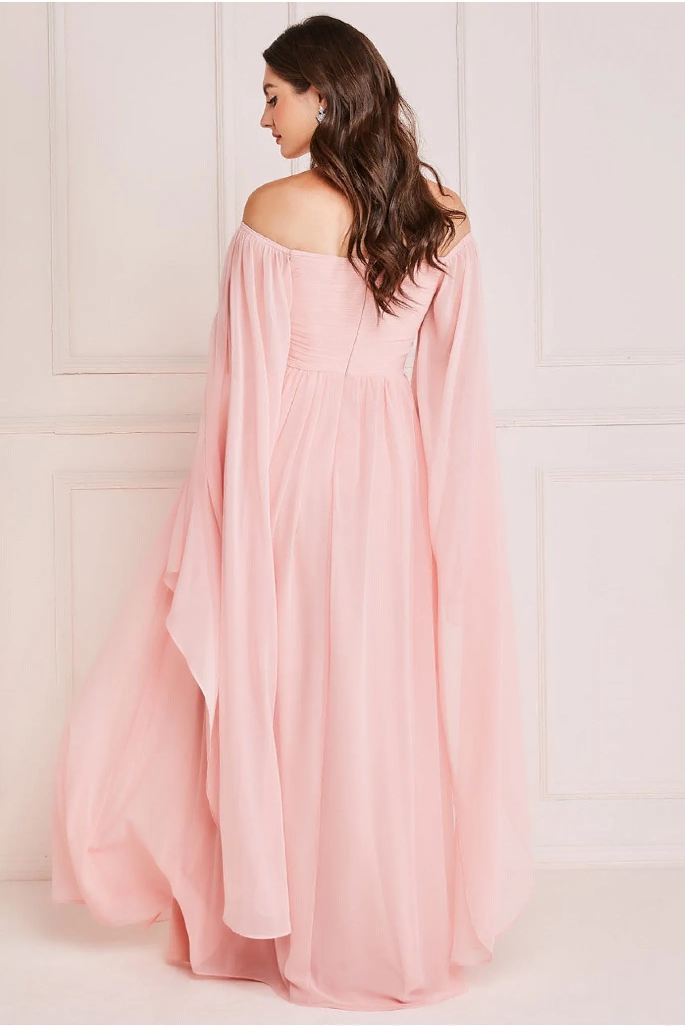Chiffon Off The Shoulder Maxi With Cape Sleeves - Blush by Goddiva sold by Goddiva product image thumbnail 2