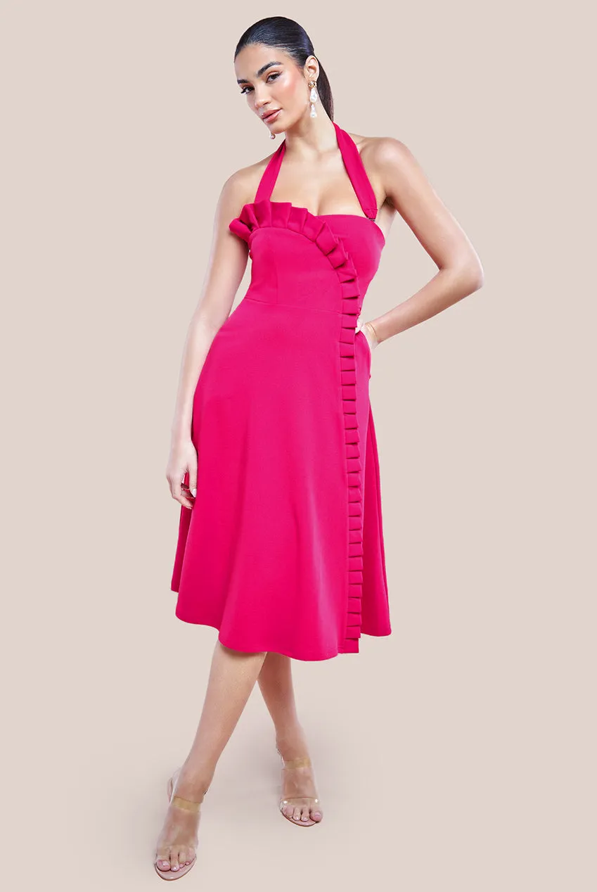 Frilled Halter Neck Strap Midi Dress - Magenta by Goddiva sold by Goddiva