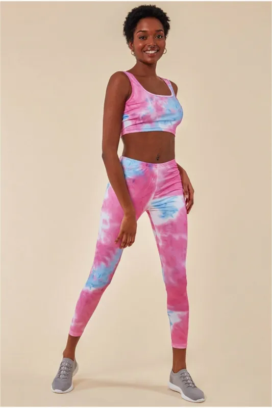 Tie-dye Crop Top With Leggings Set - Pinkblue by Cosmochic sold by Goddiva
