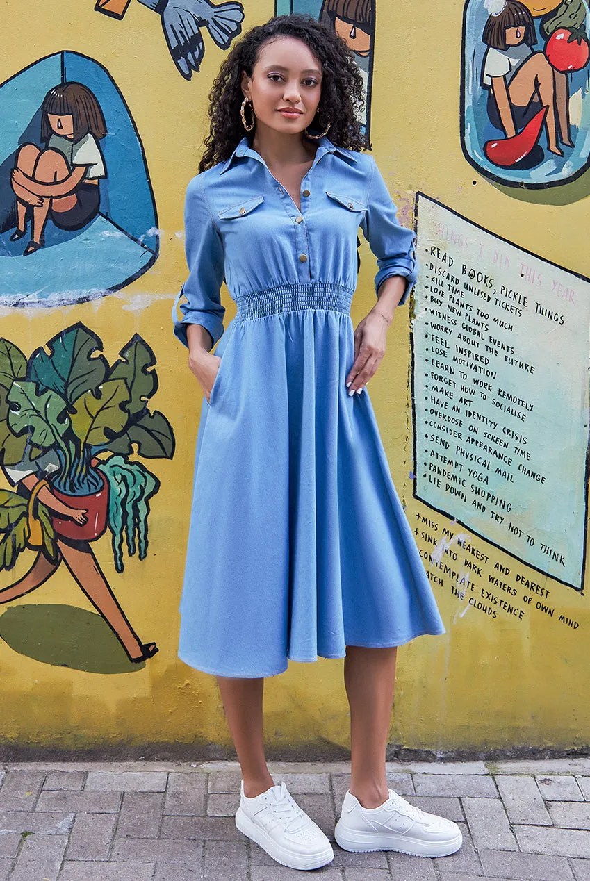 Goddiva Denim Flared Midi Shirt Dress - Sky Denim sold by Goddiva