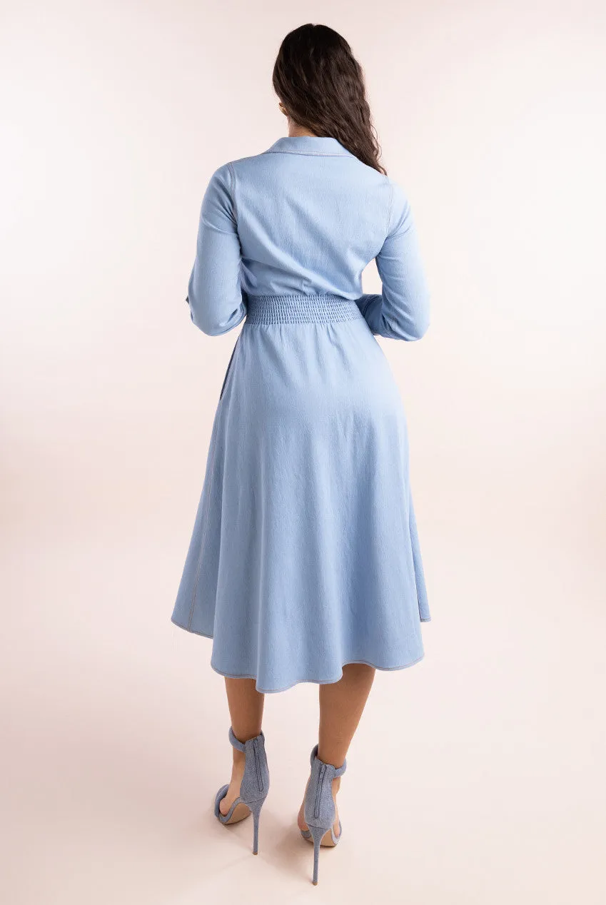 Goddiva Denim Flared Midi Shirt Dress - Sky Denim sold by Goddiva product image thumbnail 4