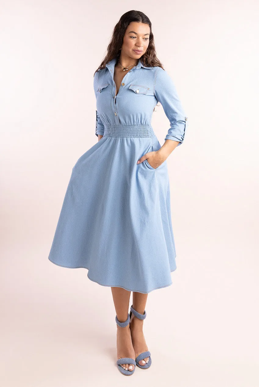 Goddiva Denim Flared Midi Shirt Dress - Sky Denim sold by Goddiva product image thumbnail 2