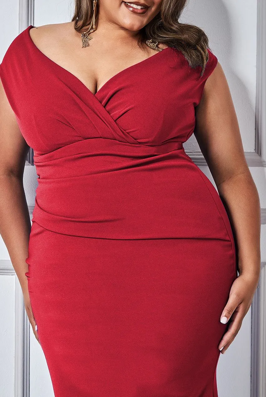 Goddiva Plus Bardot Pleated Maxi Dress - Wine sold by Goddiva product image thumbnail 3