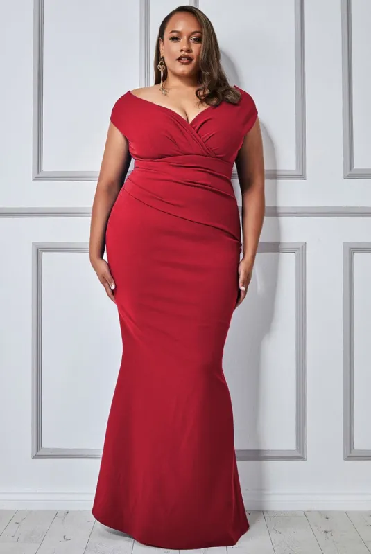 Goddiva Plus Bardot Pleated Maxi Dress - Wine sold by Goddiva