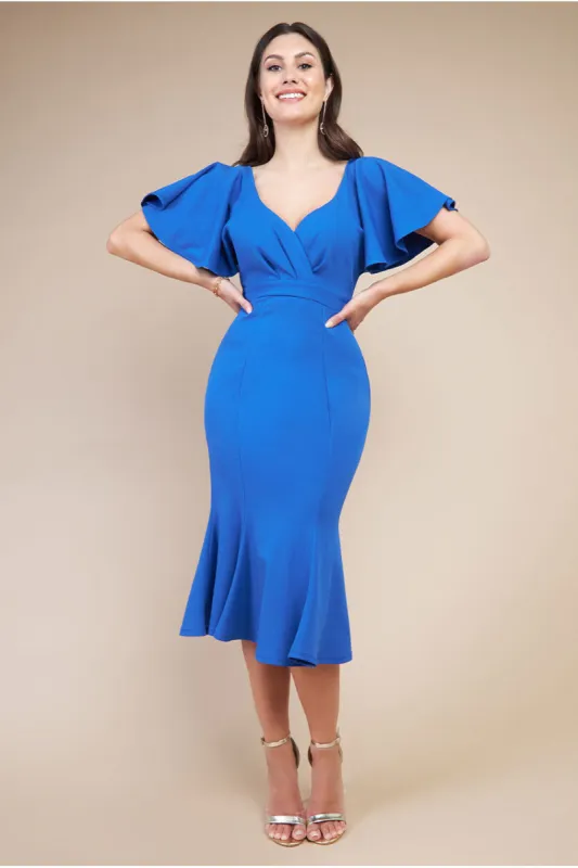 Flared Sleeve Front Wrap Midi Dress - Royal Blue by Goddiva sold by Goddiva