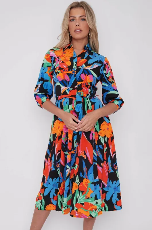 Multi Floral Print Half Sleeve Midi Shirt Dress by LOVE SUNSHINE sold by Goddiva