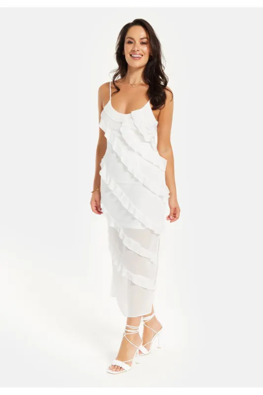 Diagonal Frill Strap Midi Dress In White by Liquorish sold by Goddiva