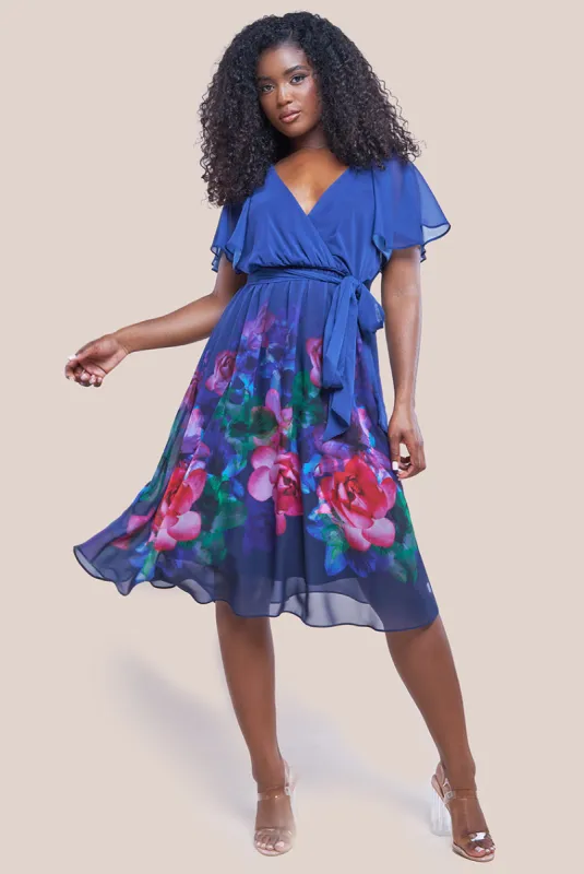 Goddiva Chiffon Floral Border Print Midi Dress - Navy sold by Goddiva