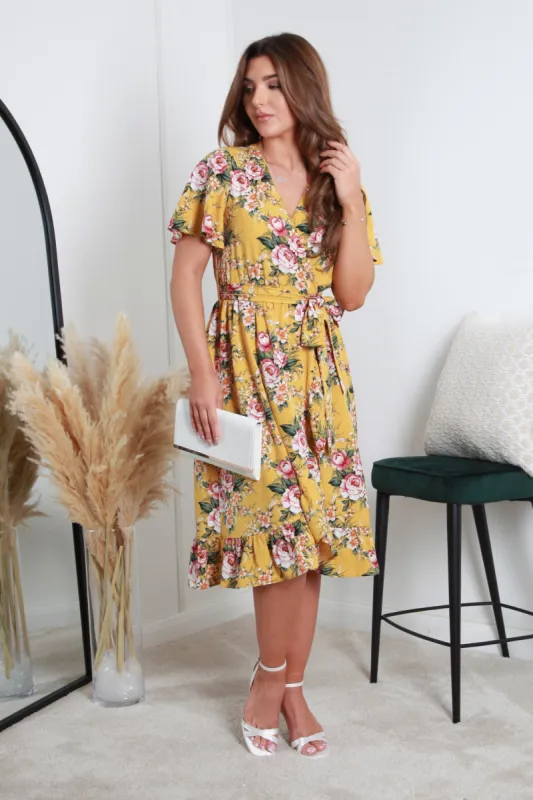 Double Second Yellow Printed Midi Wrap Dress sold by Goddiva