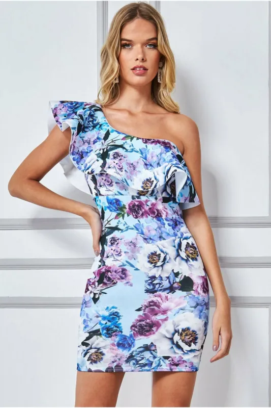 Goddiva One Shoulder Floral Print Mini - Light Blue sold by Goddiva