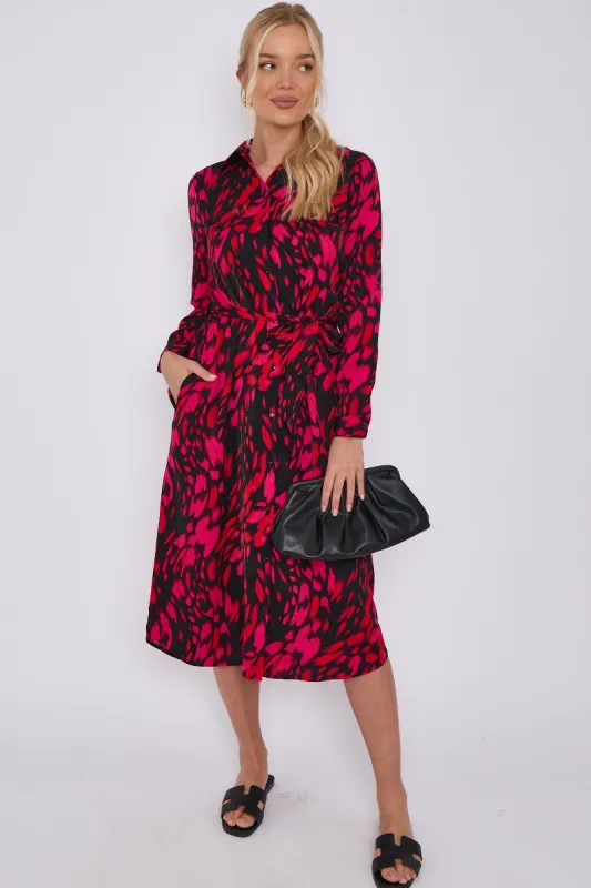 LOVE SUNSHINE Fuchsia Leopard Print Long Sleeve Midi Shirt Dress sold by Goddiva
