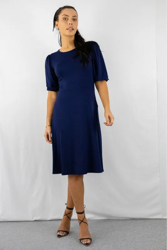 Signage Navy Round Neck Puff Sleeve Midi Dress sold by Goddiva