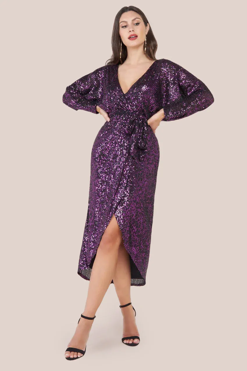 Wrap Style Sequin Midi Dress - Purple by Goddiva sold by Goddiva