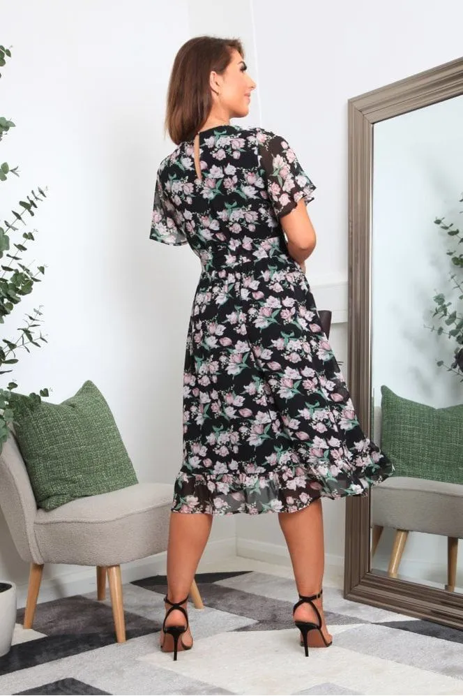 Double Second Floral Print Frill Hem Wrap Dress - Black sold by Goddiva product image thumbnail 5