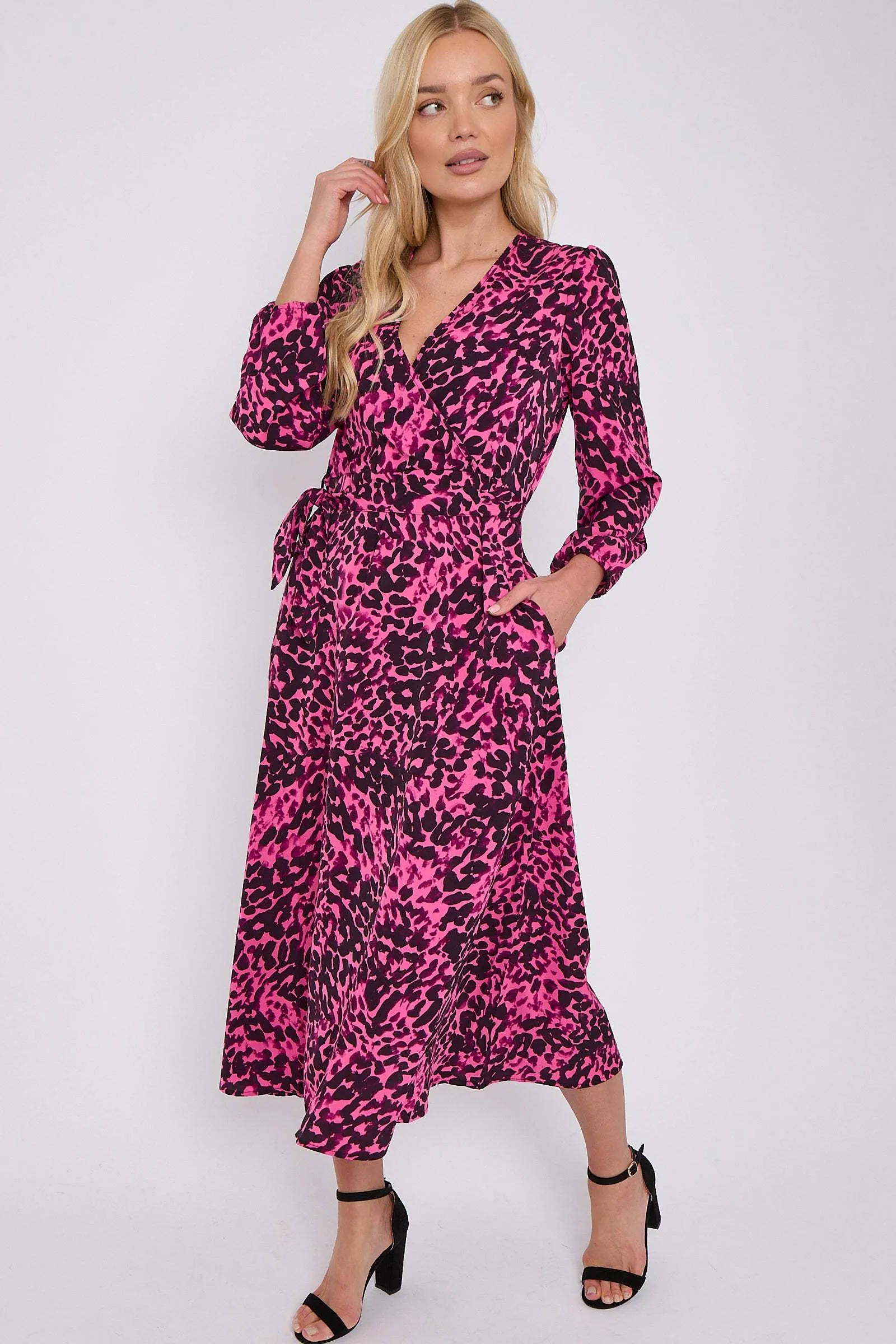 Fuchsia Leopard Printed V Neck Midi Dress by LOVE SUNSHINE sold by Goddiva product image thumbnail 3