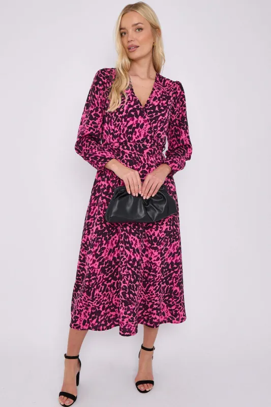 Fuchsia Leopard Printed V Neck Midi Dress by LOVE SUNSHINE sold by Goddiva