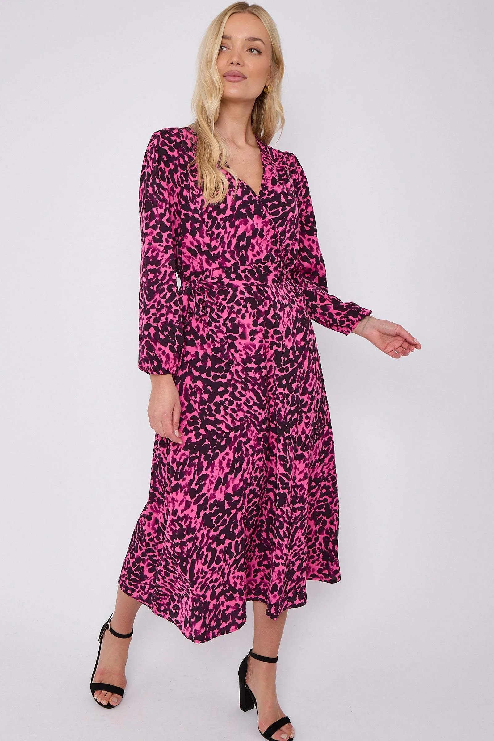 Fuchsia Leopard Printed V Neck Midi Dress by LOVE SUNSHINE sold by Goddiva product image thumbnail 5