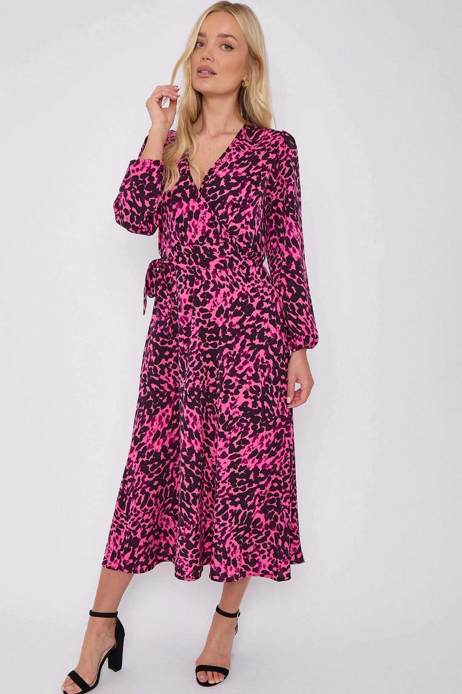 Fuchsia Leopard Printed V Neck Midi Dress by LOVE SUNSHINE sold by Goddiva product image thumbnail 2