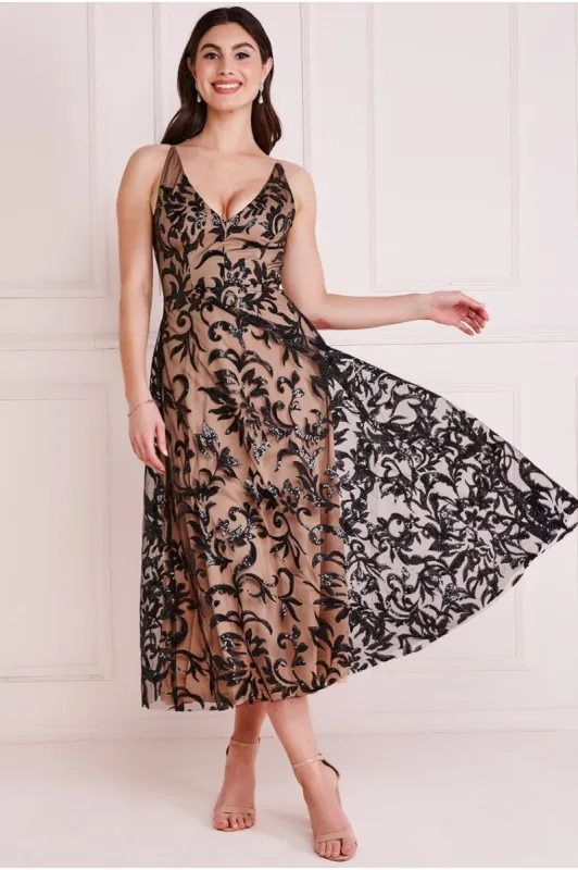 Sequin Mesh V-Neck Flared Skirt Midi - Black by Goddiva sold by Goddiva