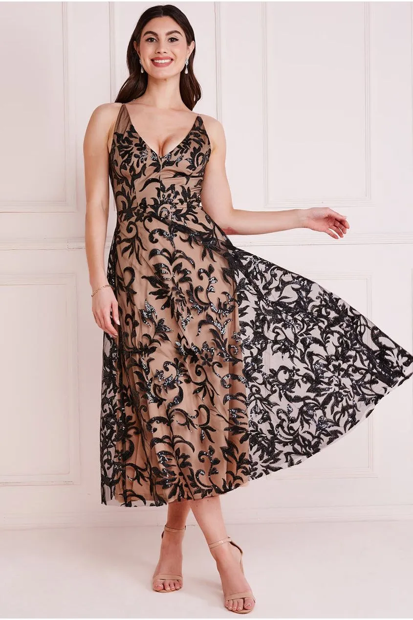 Sequin Mesh V-Neck Flared Skirt Midi - Black by Goddiva sold by Goddiva