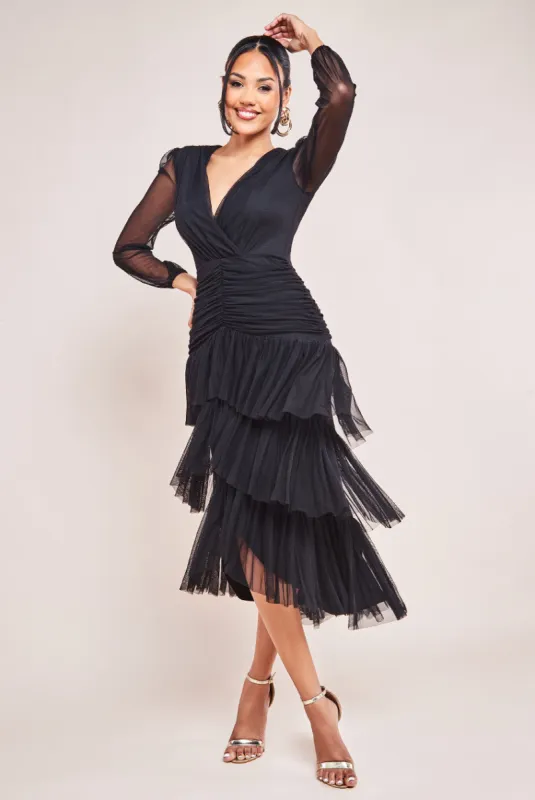 Goddiva Gathered High & Low Tiered Midaxi Dress - Black sold by Goddiva