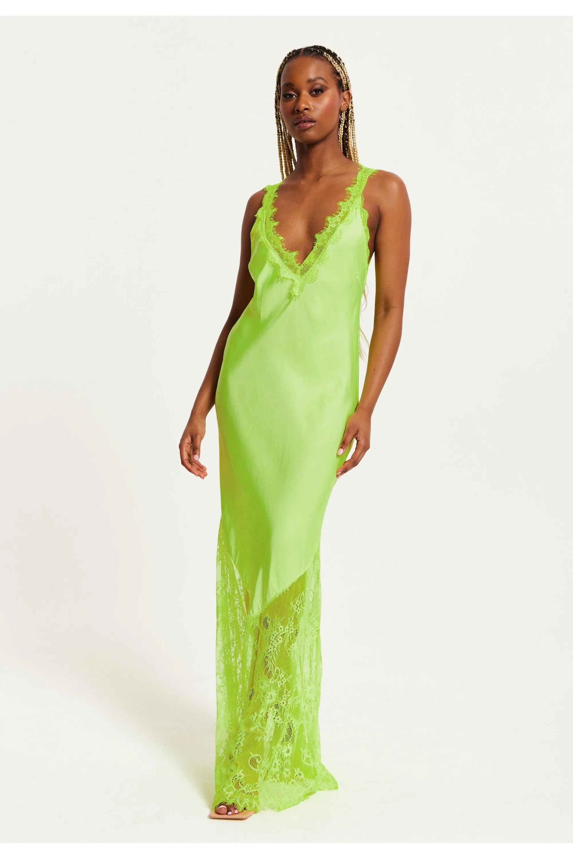 Lace Detailed V Neck Maxi Dress In Bright Yellow by Liquorish sold by Goddiva