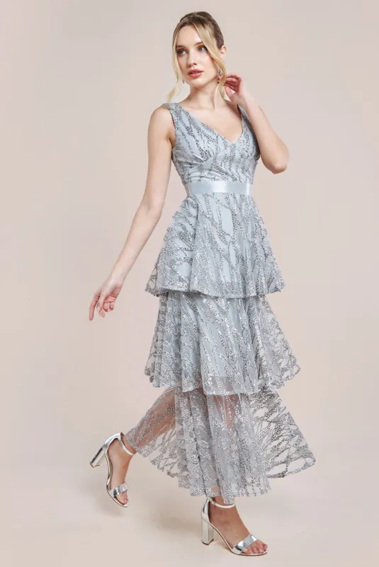 Embroidered Mesh Tiered Midi Dress - Grey by Goddiva sold by Goddiva