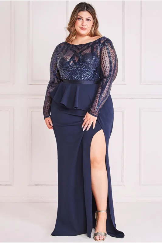 Goddiva Plus Sequin Bodice With Front Frill Maxi - Navy sold by Goddiva