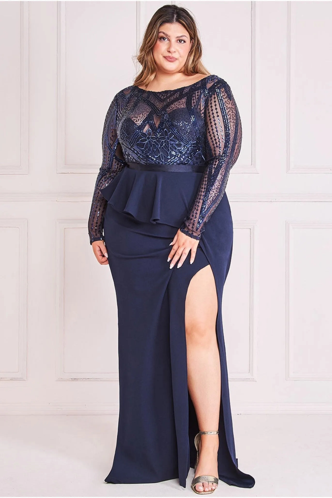 Goddiva Plus Sequin Bodice With Front Frill Maxi - Navy sold by Goddiva