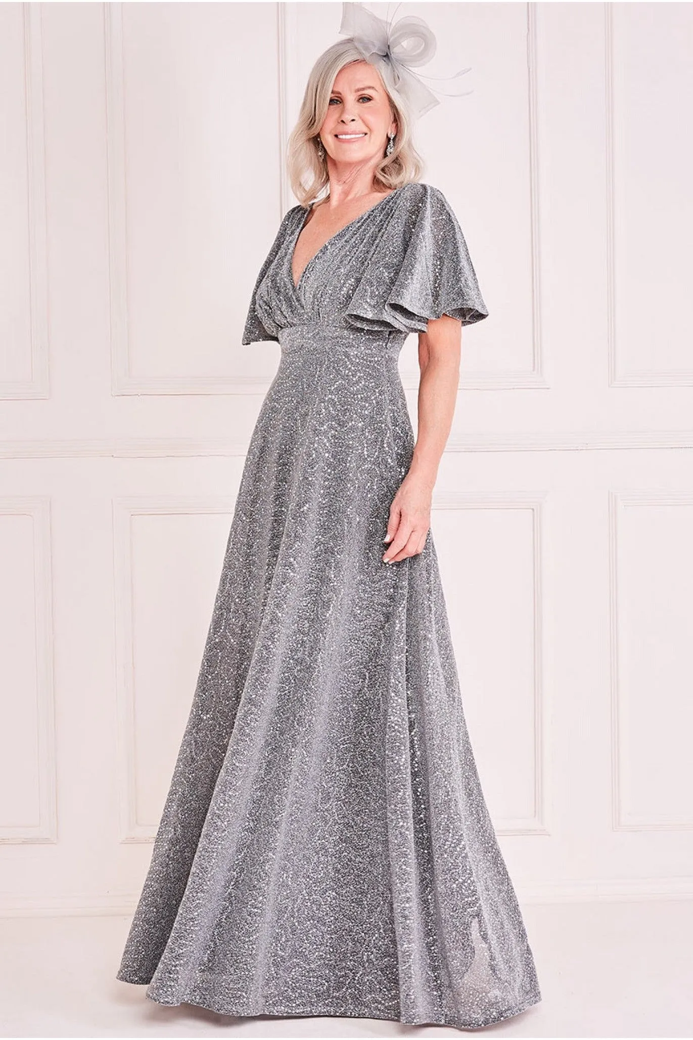 Lurex Sequin Flutter Sleeve Maxi - Silver by Goddiva sold by Goddiva