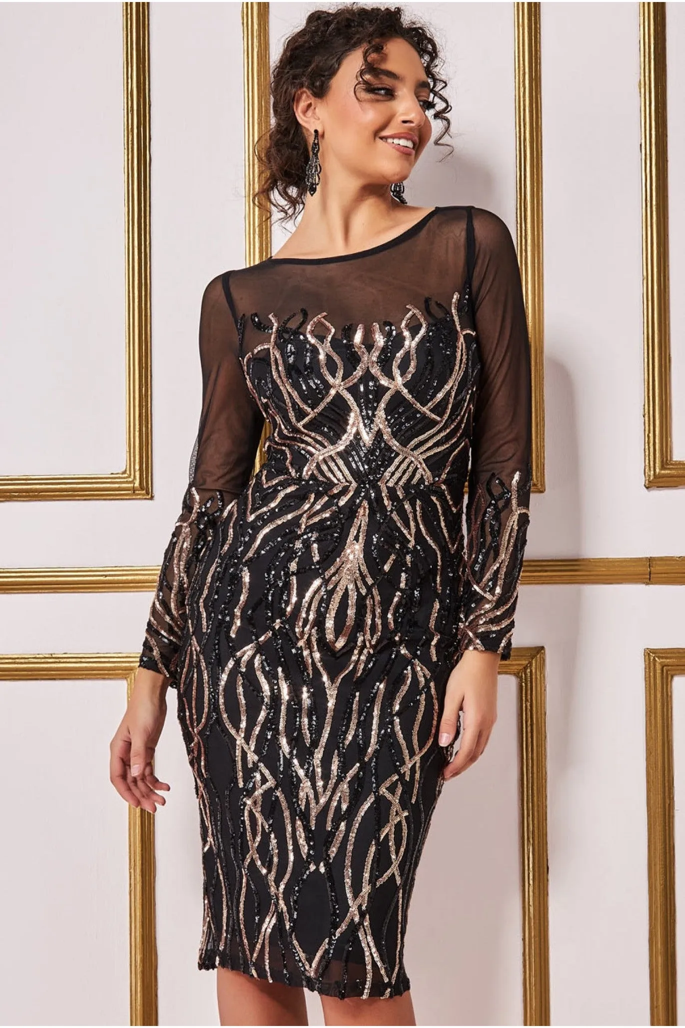 Long Sleeve Sequin Flame Midi Dress - Black by Goddiva sold by Goddiva
