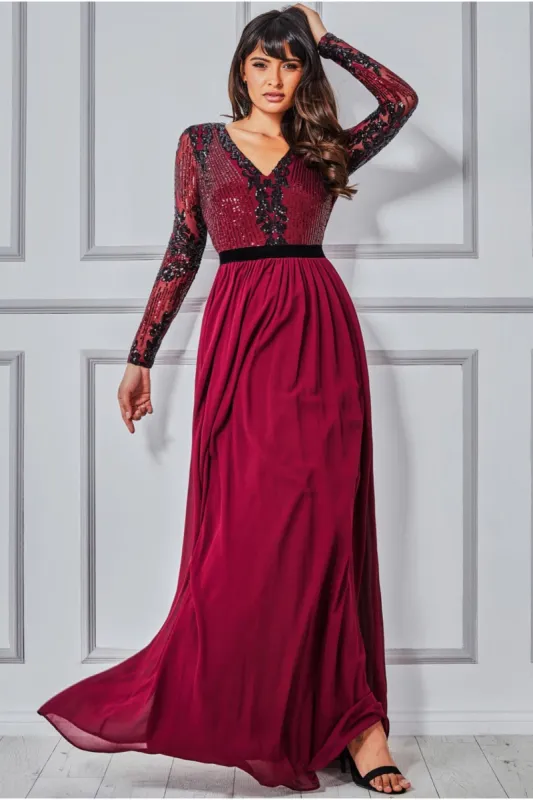 Goddiva Sequin Mesh Bodice Maxi Dress - Wine sold by Goddiva
