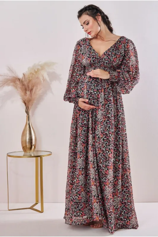 Maternity Long Sleeve Maxi Floral Print by Goddiva made by Goddiva