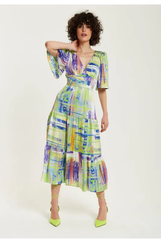Liquorish Green Abstract Print Midi Dress With Short Sleeves sold by Goddiva