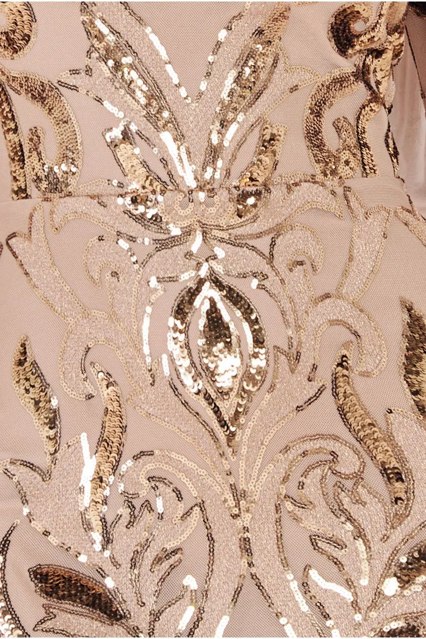 Goddiva Square Neck Scalloped Embroidered Sequin Midi Dress - Champagne sold by Goddiva product image thumbnail 4