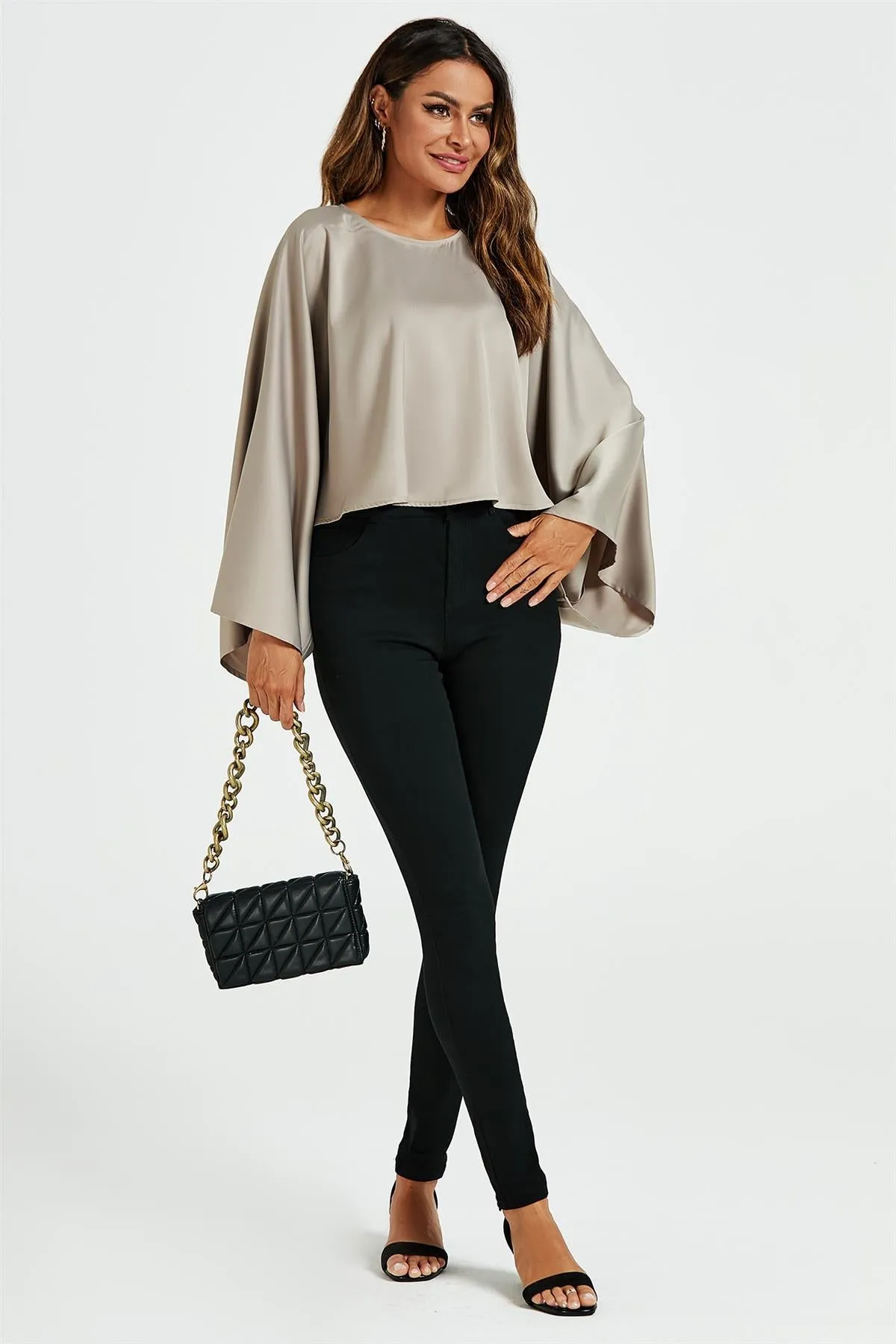 Satin Loose Fit Crop Top In Mink by FS Collection sold by Goddiva product image thumbnail 3