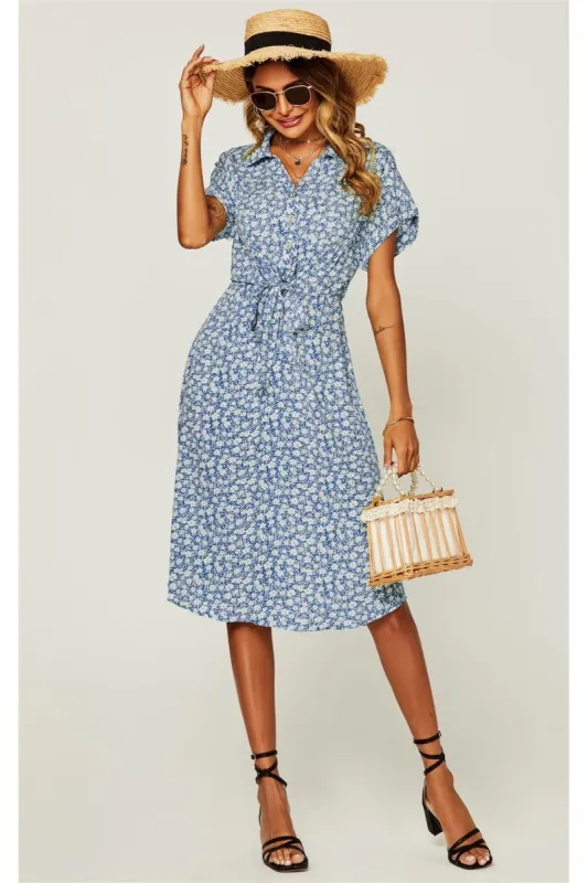 FS Collection Relaxed Floral Print Button Down Midi Shirt Dress In Blue sold by Goddiva