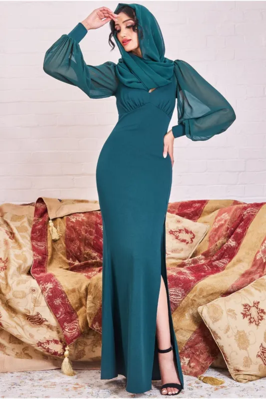 Goddiva Modesty Chiffon Thigh Split Maxi Dress - Emerald Green sold by Goddiva