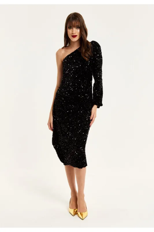 Black Sequin Velvet One Shoulder Midi Dress by Liquorish sold by Goddiva