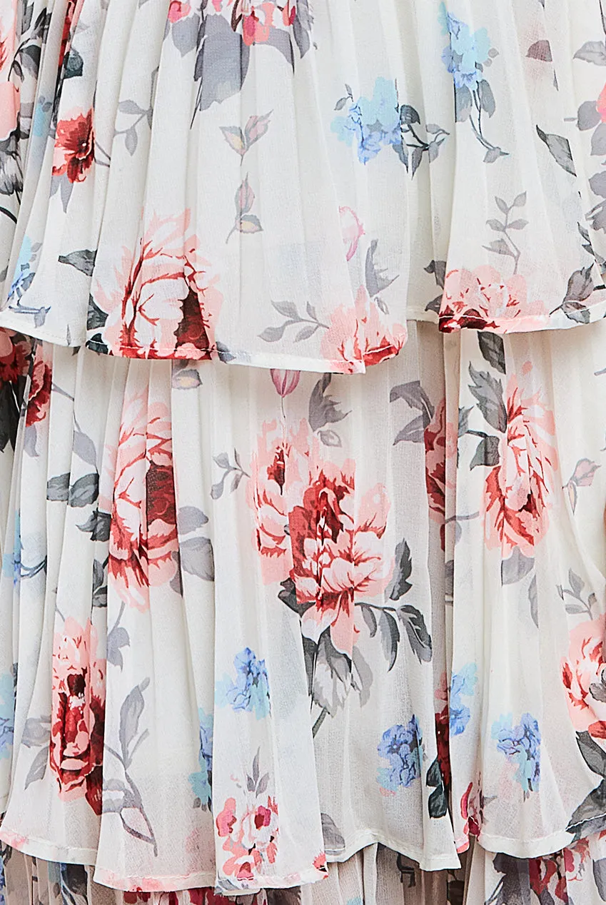 Pleated Bodice Chiffon Tiered Midi Dress - Cream by Goddiva sold by Goddiva product image thumbnail 4