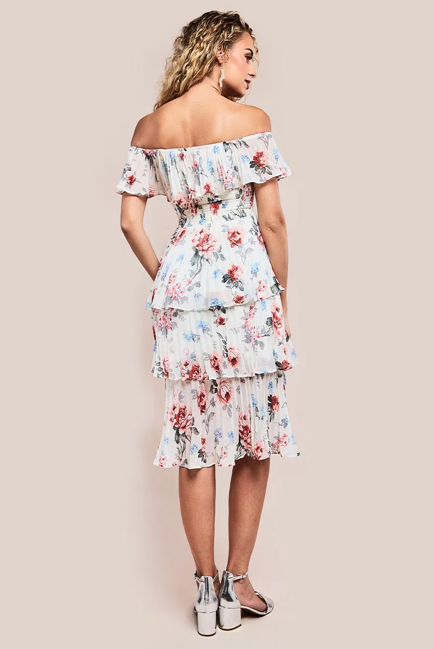 Pleated Bodice Chiffon Tiered Midi Dress - Cream by Goddiva sold by Goddiva product image thumbnail 2