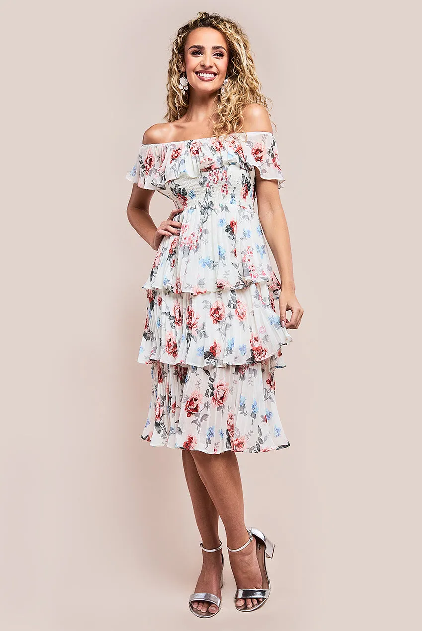 Pleated Bodice Chiffon Tiered Midi Dress - Cream by Goddiva sold by Goddiva