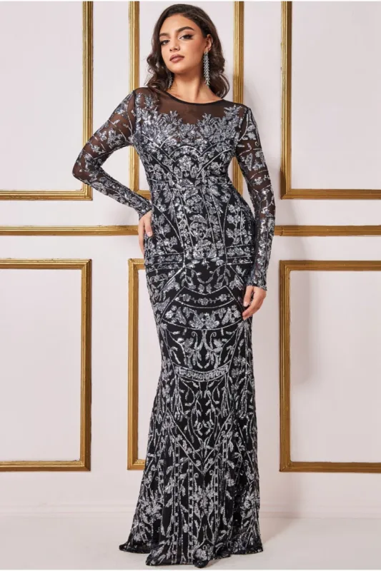 Goddiva Sequin Mesh Embroidered Maxi Dress - Silver sold by Goddiva
