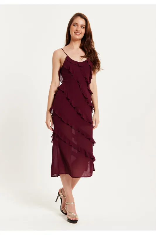 Liquorish Burgundy Sleeveless Chiffon Frill Dress sold by Goddiva